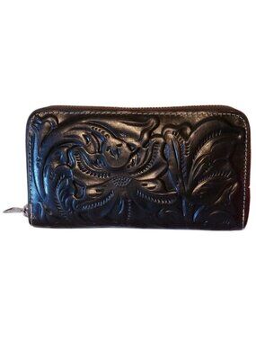 PATRICIA NASH Vintage Black Floral Tooled Leather Zip Around Long Wallet & strap
